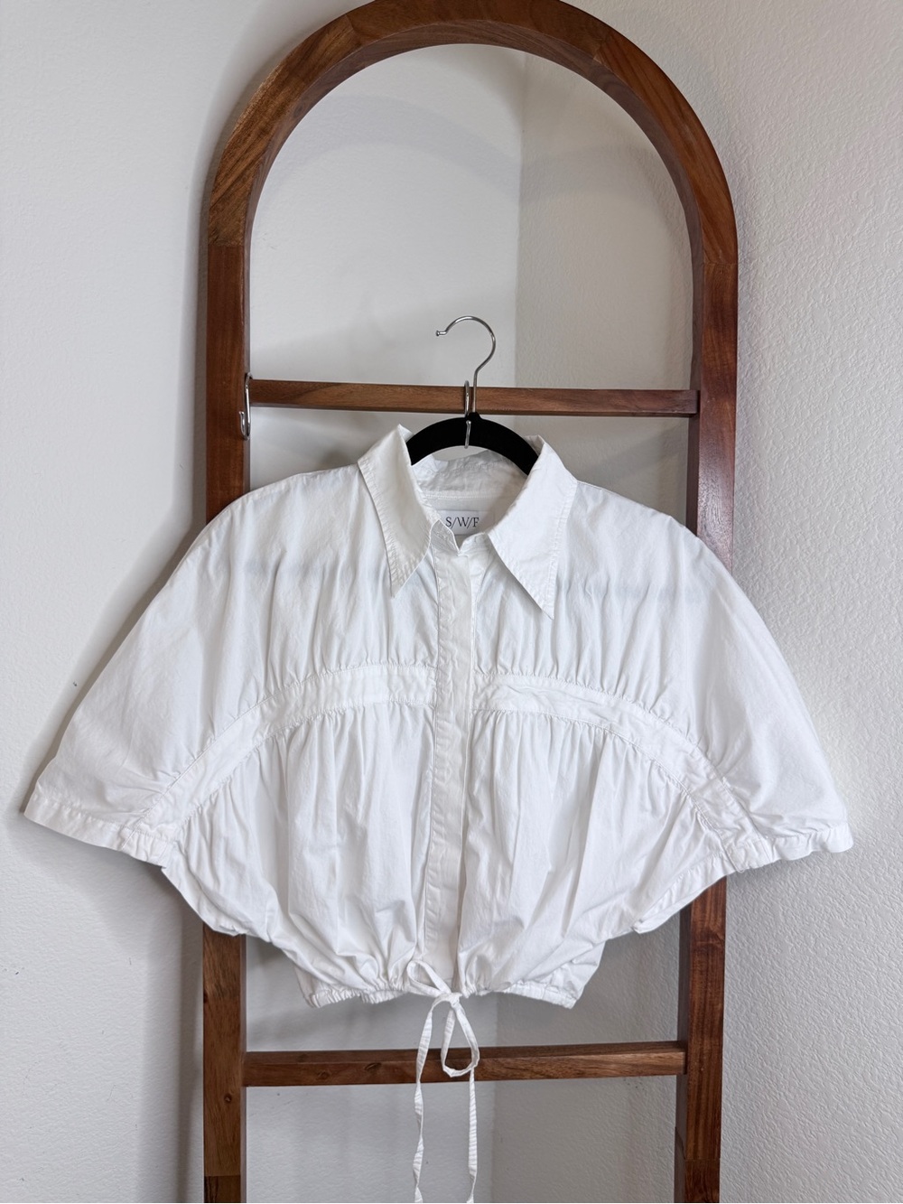 S/W/F White Cotton Gathered Drawstring Cropped Shirt Top XS